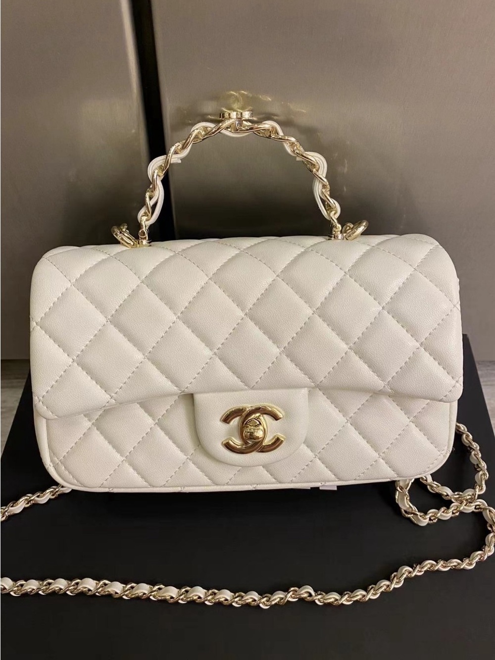 CHANEL Cream Quilted Leather Top-Handle Flap Bag with Gold Hardware